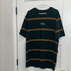 Vans Men's Dark Green Tee with mustard yellow and navy blue stripes.